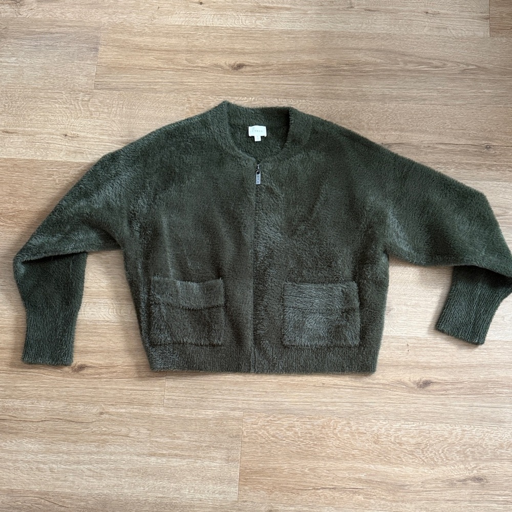 Cyrus Olive Fuzzy Zipper Cardigan